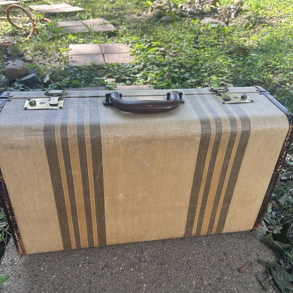 Vintage Striped Tweed Canvas and Leather Trim Suitcase Luggage